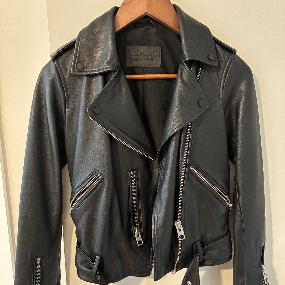 All Saints Charcoal Leather Biker Jacket
